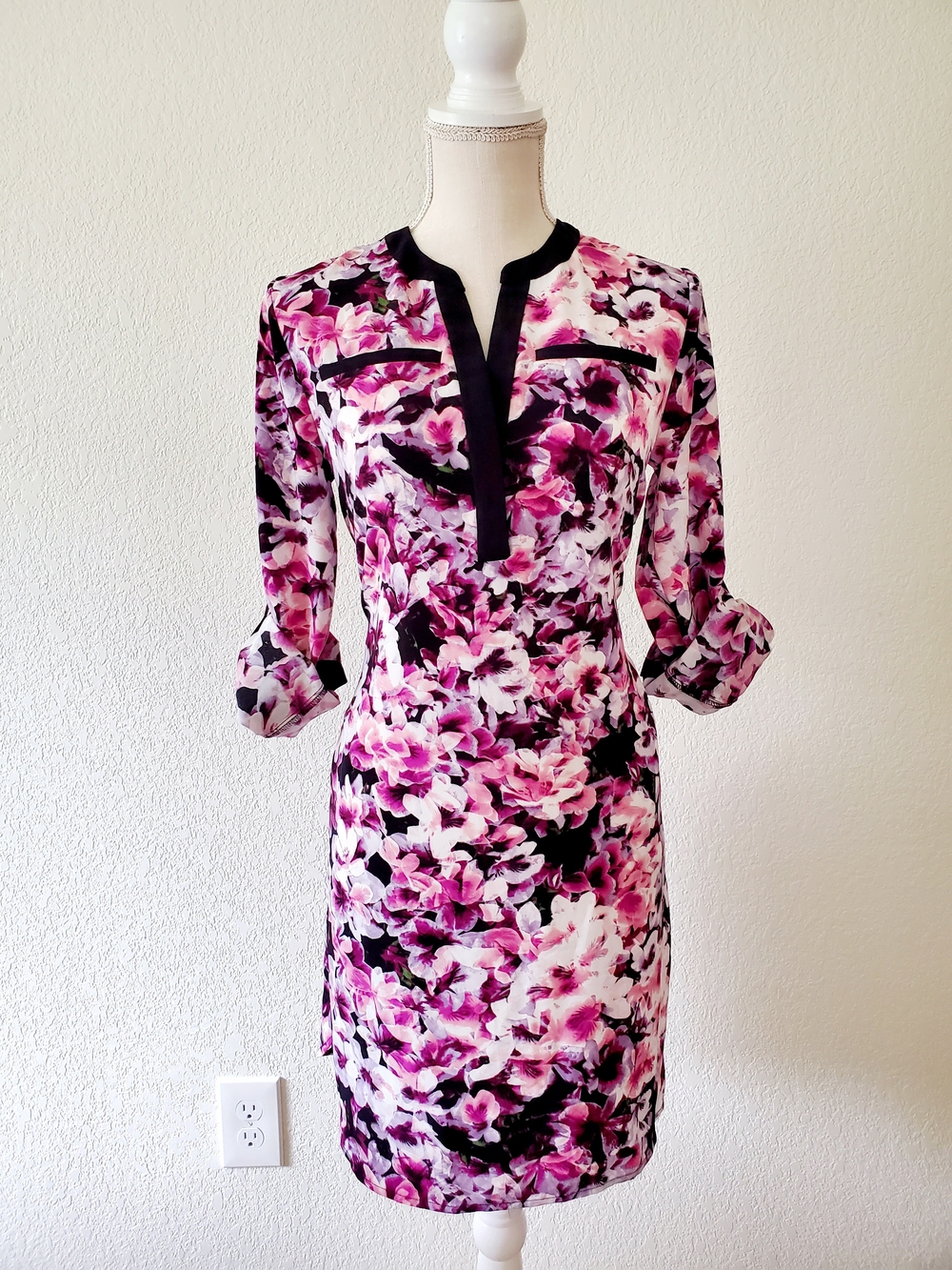 attention Pink and Black Floral Long Sleeve Sheath Dress